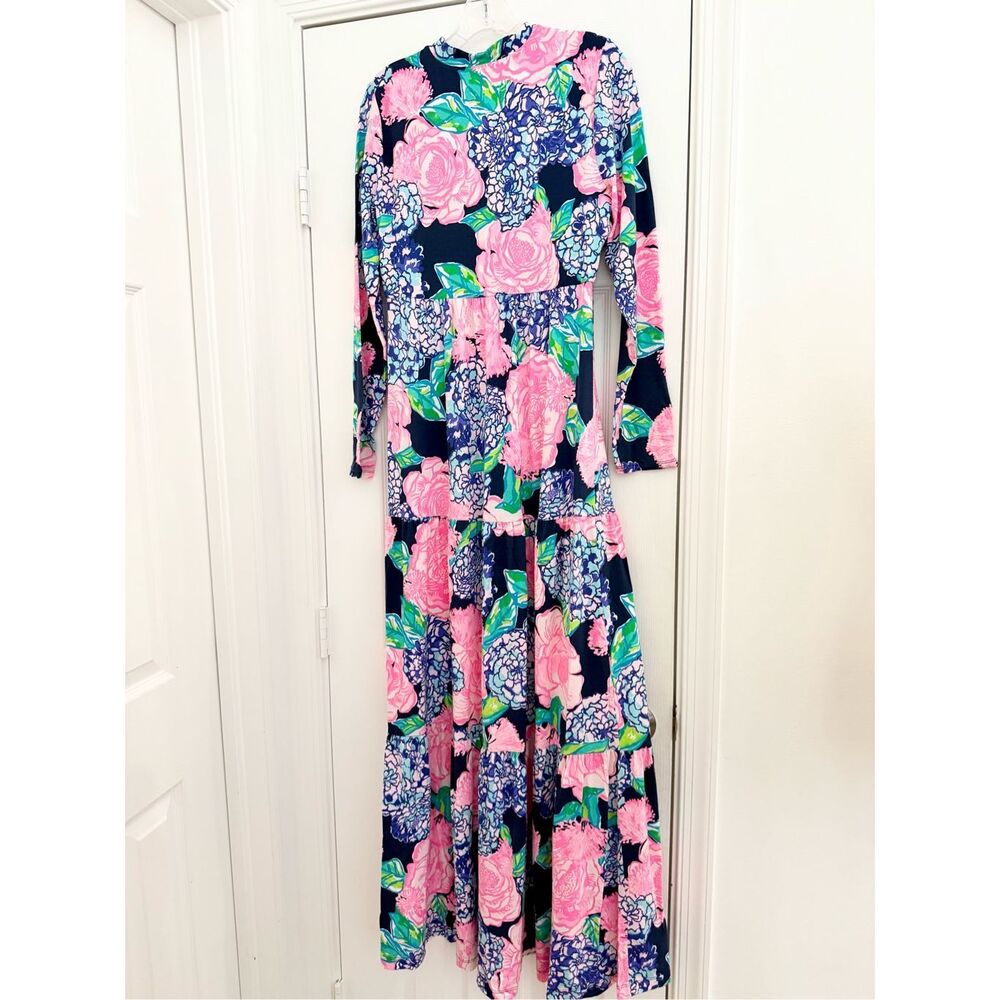Lilly Pulitzer Navy Hey Hey‎ Bouquet Floral Martinique Tiered Maxi Dress M - Picture 5 of 8